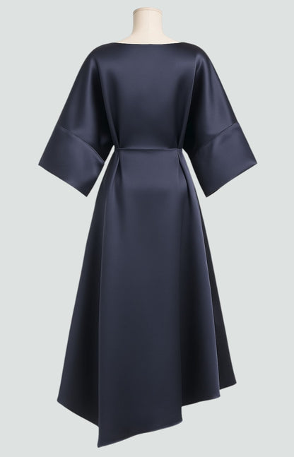 Abigail | Elegant Navy Satin Autumn Wedding Guest Dress for Women with Boat Neck Batwing Sleeve Draped Cocoon Style