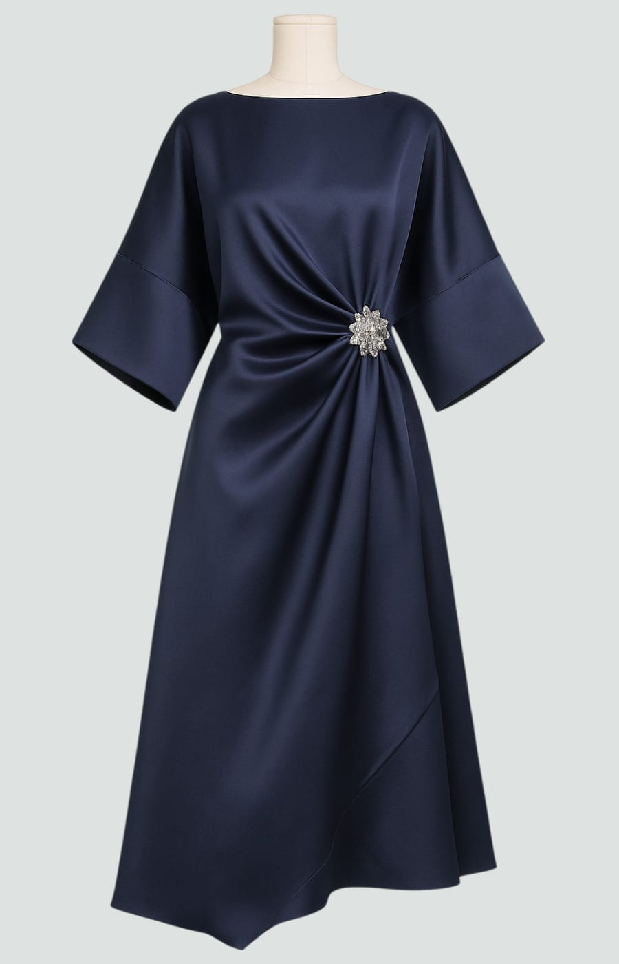 Elegant Satin Midi Dress for Women with Boat Neck Batwing Sleeve Draped Brooch Cocktail Style