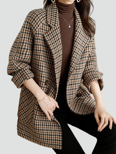 Women's Houndstooth Notch Lapel Wool Coat