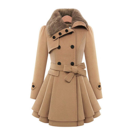 Elegant Faux Fur Collar Wool Jacket for Women with Double Breasted Long Sleeve Belted Peplum Style
