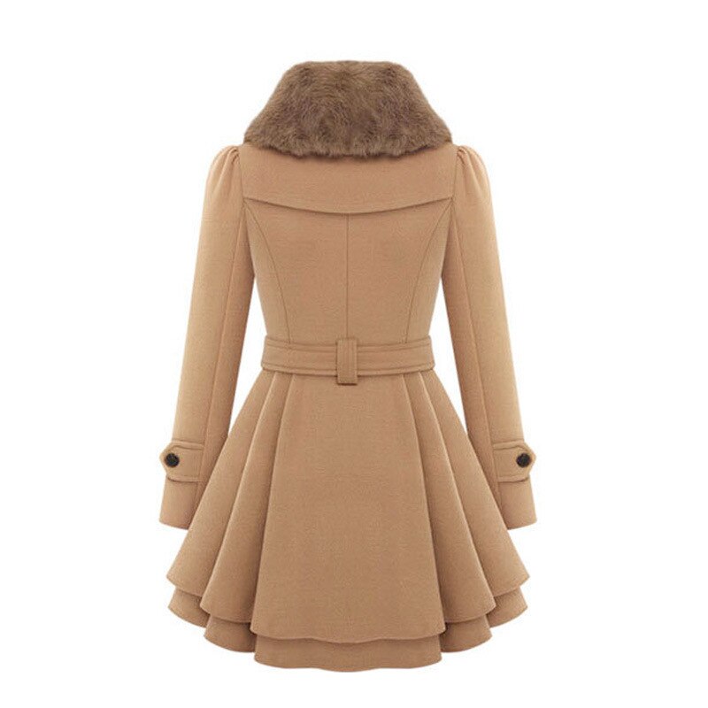 Elegant Faux Fur Collar Wool Jacket for Women with Double Breasted Long Sleeve Belted Peplum Style