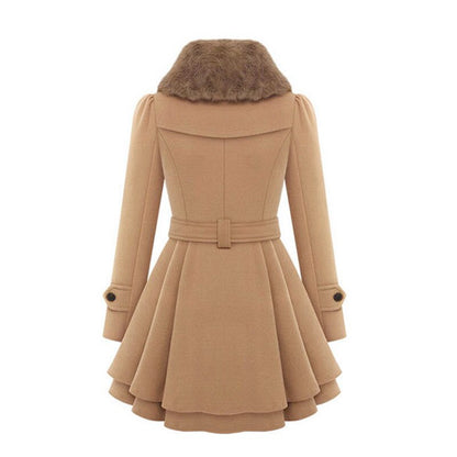 Elegant Faux Fur Collar Wool Jacket for Women with Double Breasted Long Sleeve Belted Peplum Style