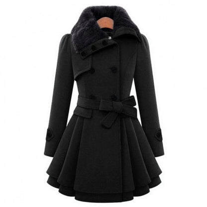 Elegant Faux Fur Collar Wool Jacket for Women with Double Breasted Long Sleeve Belted Peplum Style