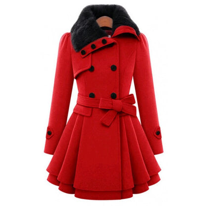 Elegant Faux Fur Collar Wool Jacket for Women with Double Breasted Long Sleeve Belted Peplum Style