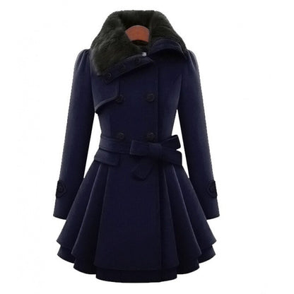 Elegant Faux Fur Collar Wool Jacket for Women with Double Breasted Long Sleeve Belted Peplum Style