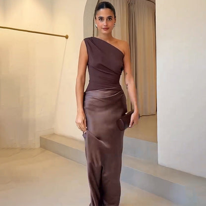 Elegant Brown Satin Autumn Wedding Guest Dress for Women with One Shoulder Draped Column Slit Style
