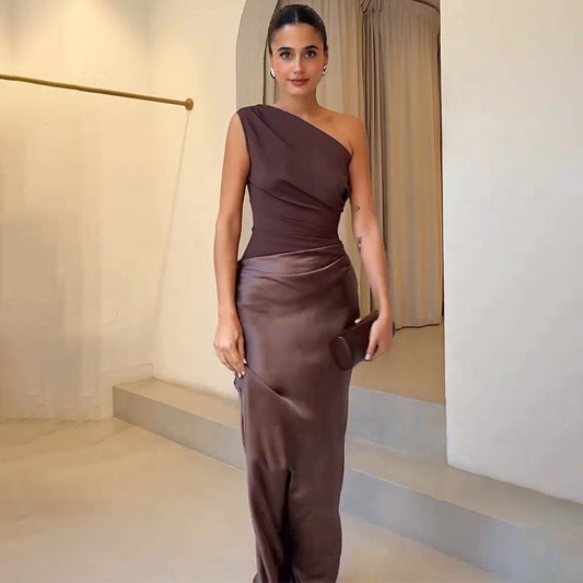 Elegant Brown Satin Autumn Wedding Guest Dress for Women with One Shoulder Draped Column Slit Style