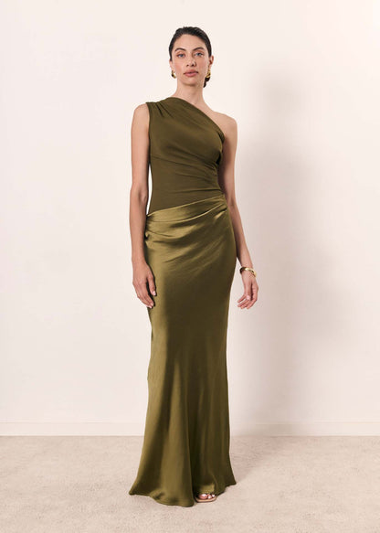 Elegant Brown Satin Autumn Wedding Guest Dress for Women with One Shoulder Draped Column Slit Style