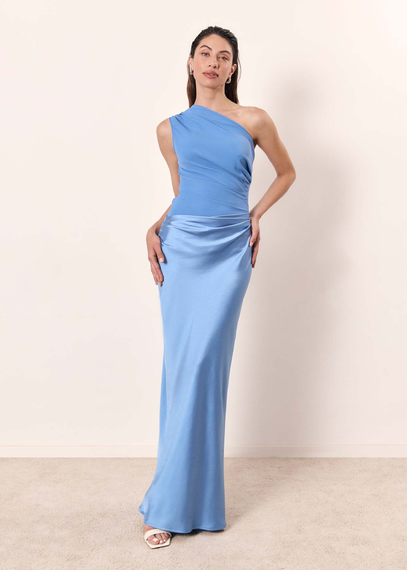 Elegant Brown Satin Autumn Wedding Guest Dress for Women with One Shoulder Draped Column Slit Style