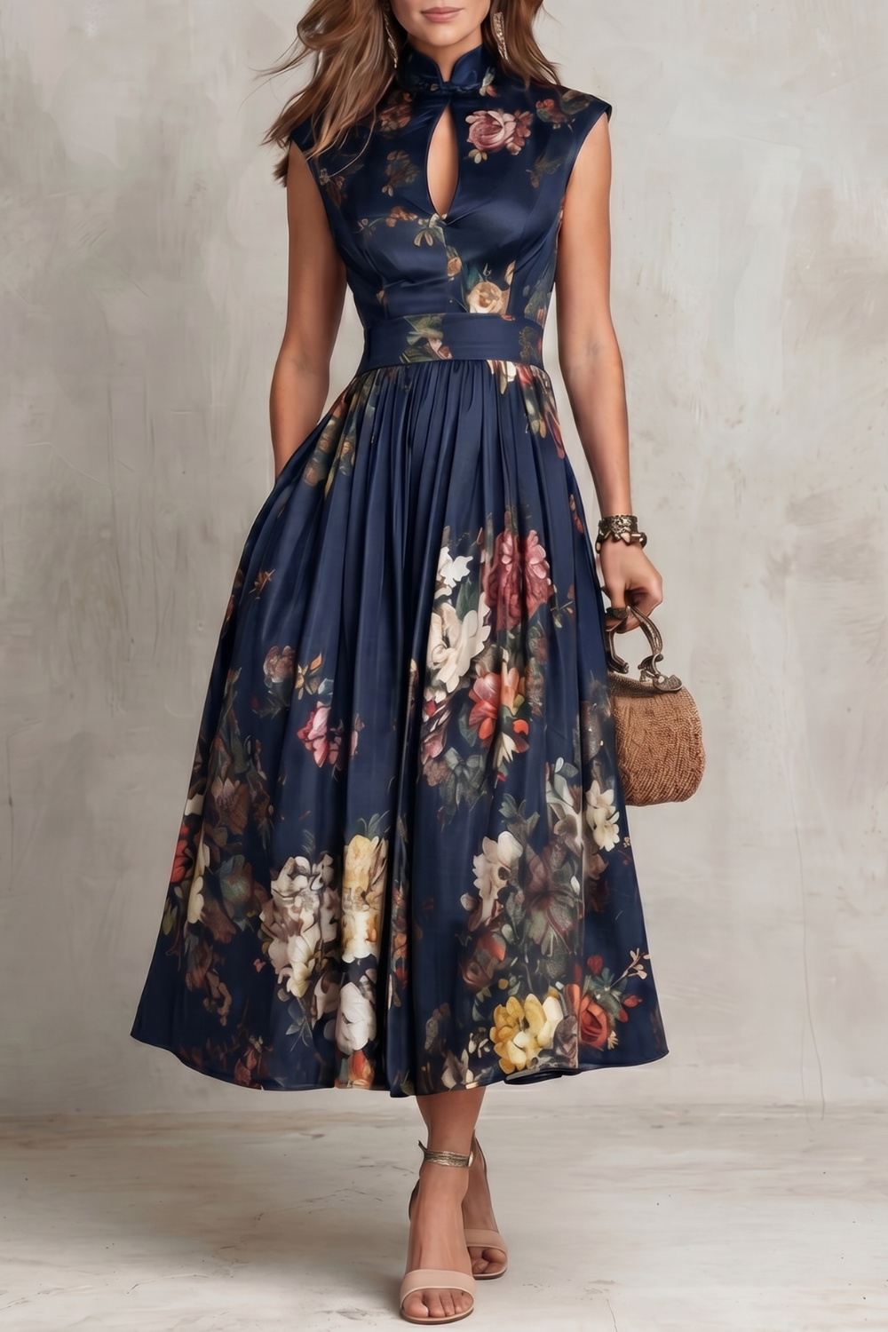 Elegant Floral Cocktail Dress for Women with Keyhole Neck Cap Sleeve Pleated Midi Style
