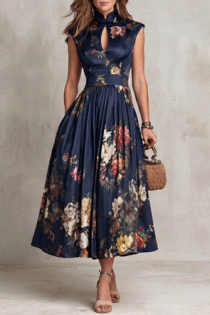 Elegant Floral Cocktail Dress for Women with Keyhole Neck Cap Sleeve Pleated Midi Style