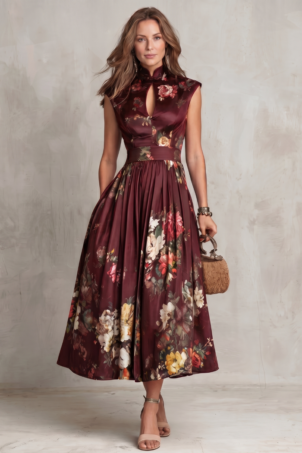 Elegant Floral Cocktail Dress for Women with Keyhole Neck Cap Sleeve Pleated Midi Style