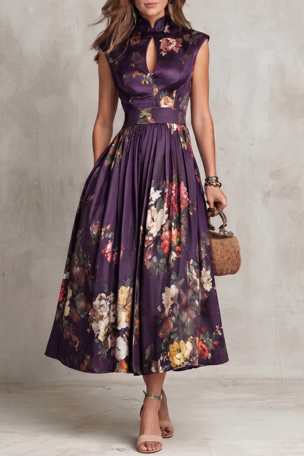 Elegant Floral Cocktail Dress for Women with Keyhole Neck Cap Sleeve Pleated Midi Style