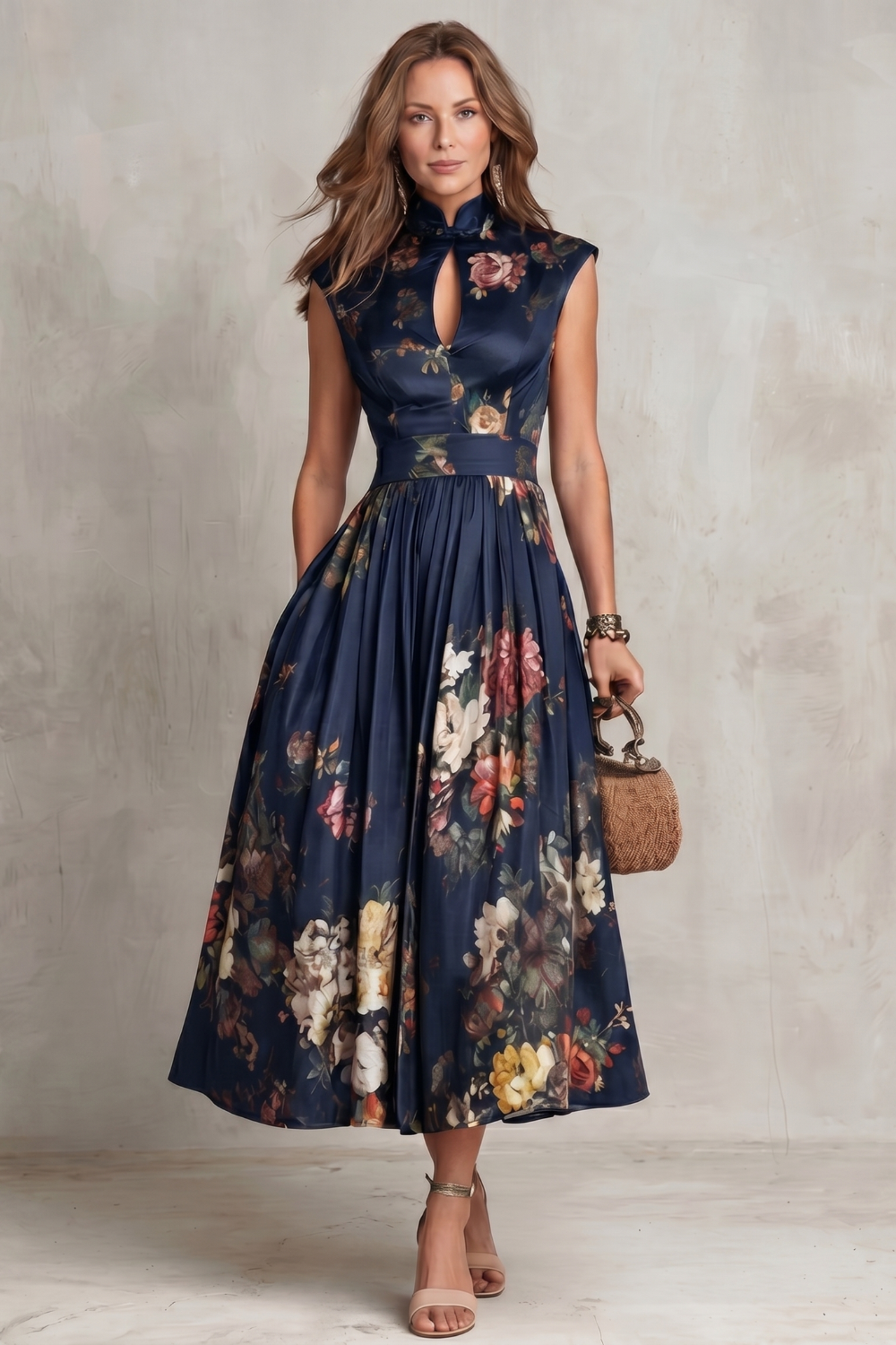 Elegant Floral Cocktail Dress for Women with Keyhole Neck Cap Sleeve Pleated Midi Style