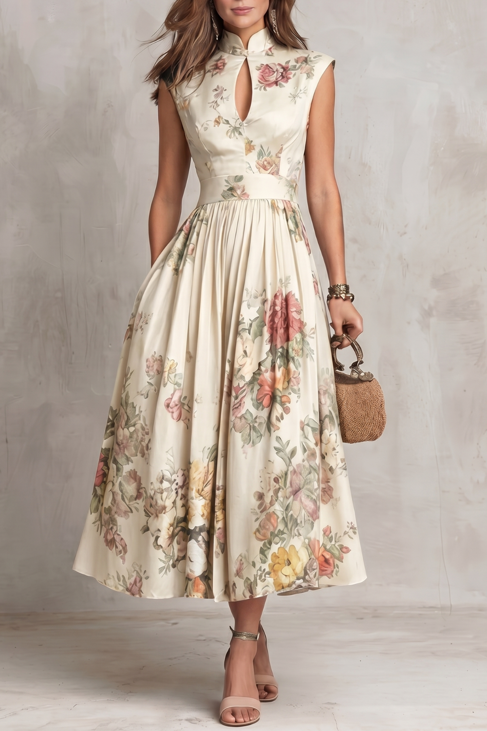 Elegant Floral Cocktail Dress for Women with Keyhole Neck Cap Sleeve Pleated Midi Style