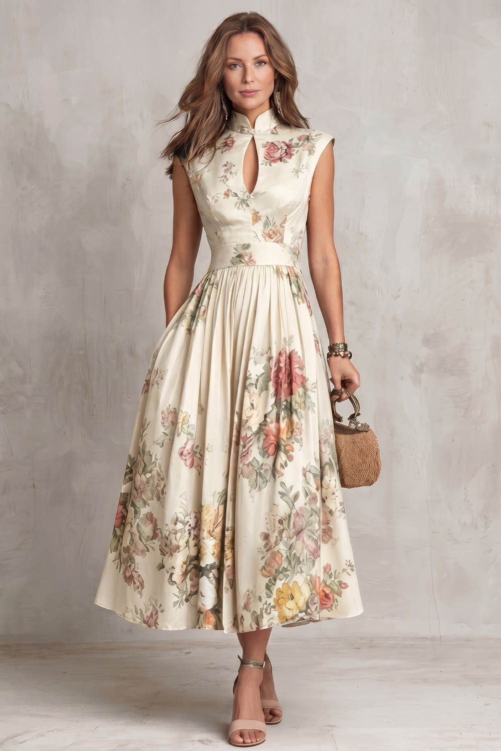 Elegant Floral Cocktail Dress for Women with Keyhole Neck Cap Sleeve Pleated Midi Style