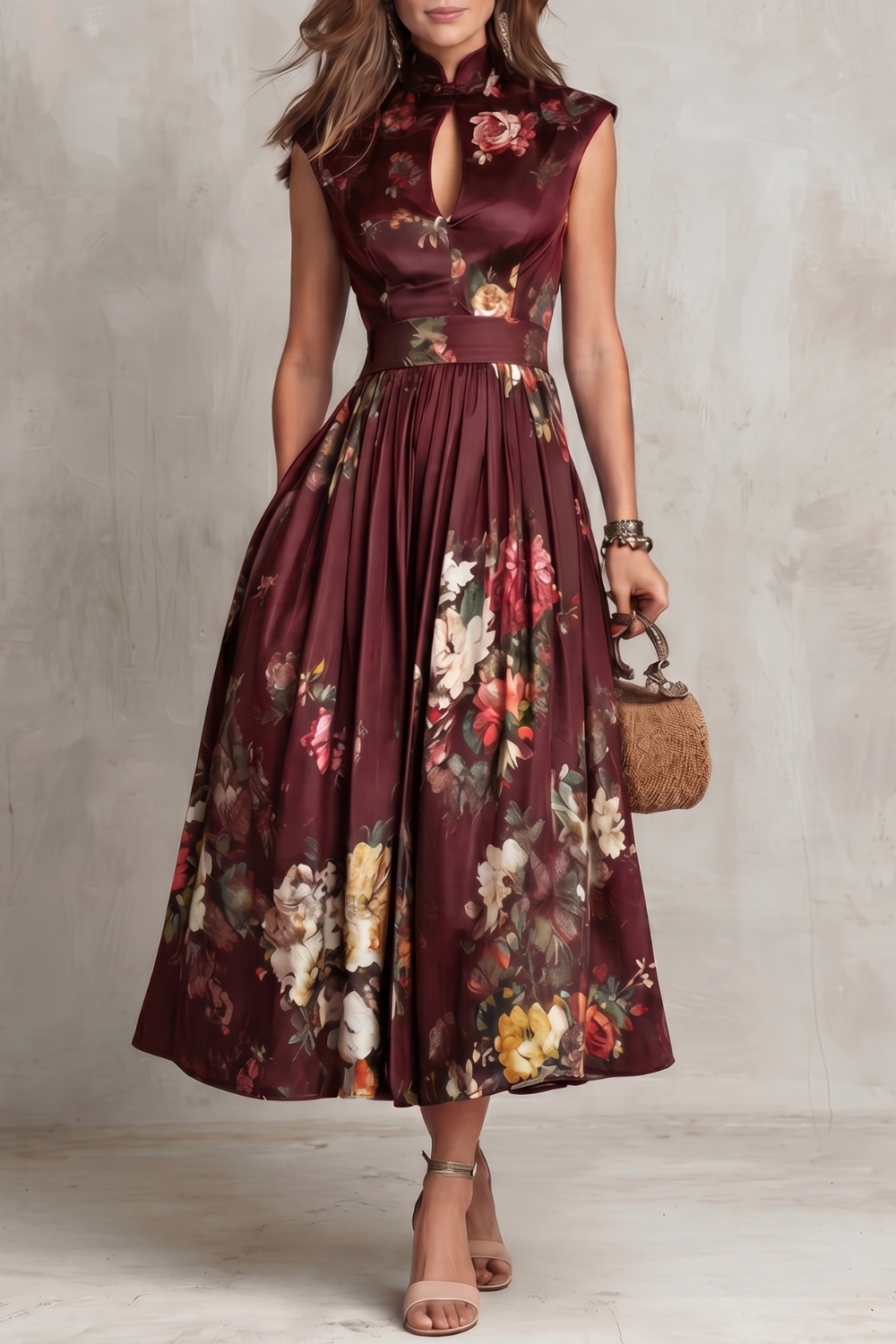 Elegant Floral Cocktail Dress for Women with Keyhole Neck Cap Sleeve Pleated Midi Style