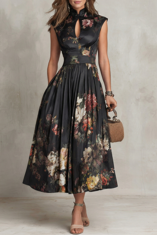 Elegant Floral Cocktail Dress for Women with Keyhole Neck Cap Sleeve Pleated Midi Style