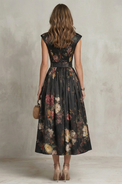 Elegant Floral Cocktail Dress for Women with Keyhole Neck Cap Sleeve Pleated Midi Style