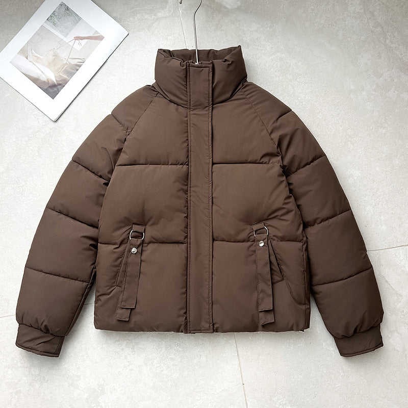 Women's Quilted Stand Collar Buckle Pocket Puffer Jacket