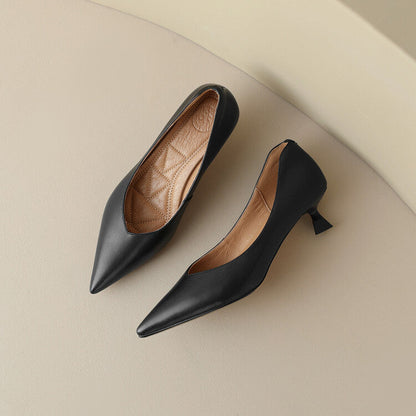Elegant Leather Pointed Toe Kitten Heel Pump for Women with V Cut Vamp Slip On Spool Heel Style