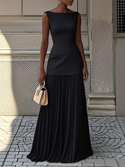 Elegant Pleated Maxi Dress for Women with Boat Neck Sleeveless Fitted Bodice Flowing Wedding Guest Style