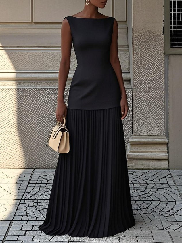 Elegant Pleated Cocktail Dress for Women with Boat Neck Sleeveless Fitted Bodice Flowing Maxi Style