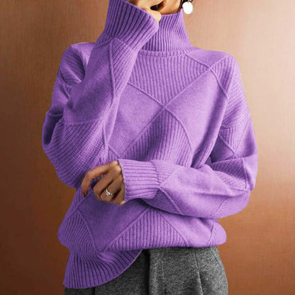 Comfortable Diamond Knit Sweater for Women with Turtleneck Long Sleeve Relaxed Oversized Style