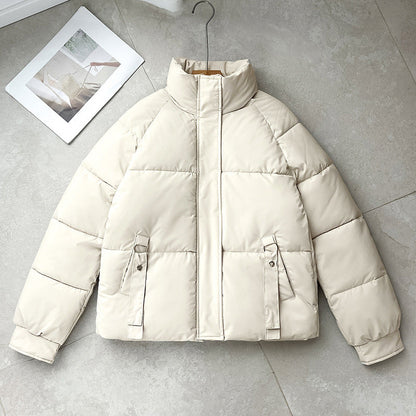 Women's Quilted Stand Collar Buckle Pocket Puffer Jacket
