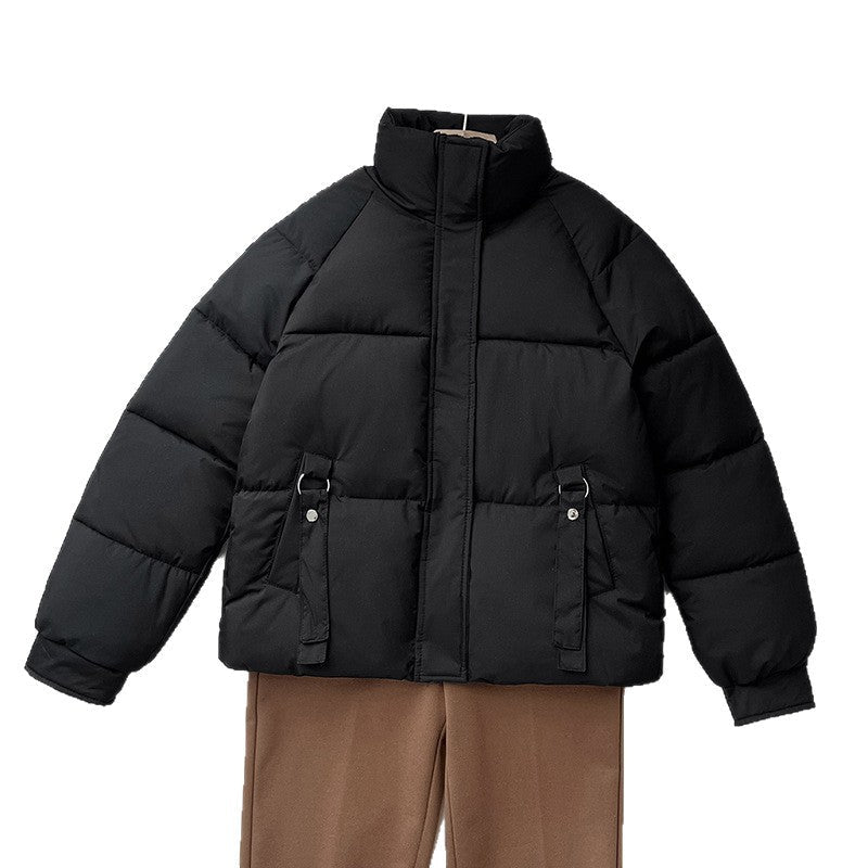 Women's Quilted Stand Collar Buckle Pocket Puffer Jacket