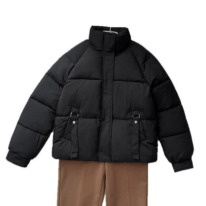 Women's Quilted Stand Collar Buckle Pocket Puffer Jacket