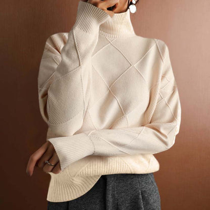 Comfortable Diamond Knit Sweater for Women with Turtleneck Long Sleeve Relaxed Oversized Style