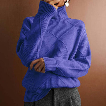 Comfortable Diamond Knit Sweater for Women with Turtleneck Long Sleeve Relaxed Oversized Style