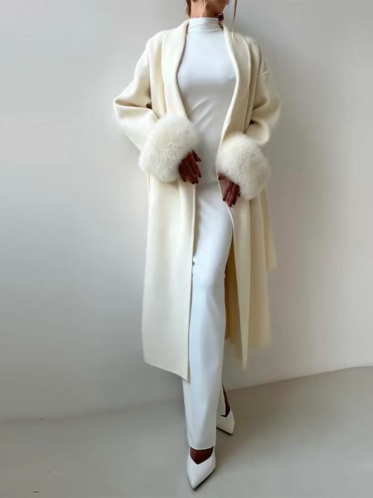 Women's Faux Fur Cuff Longline Wool Coat