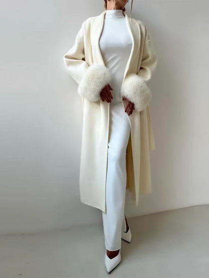 Women's Faux Fur Cuff Longline Wool Coat