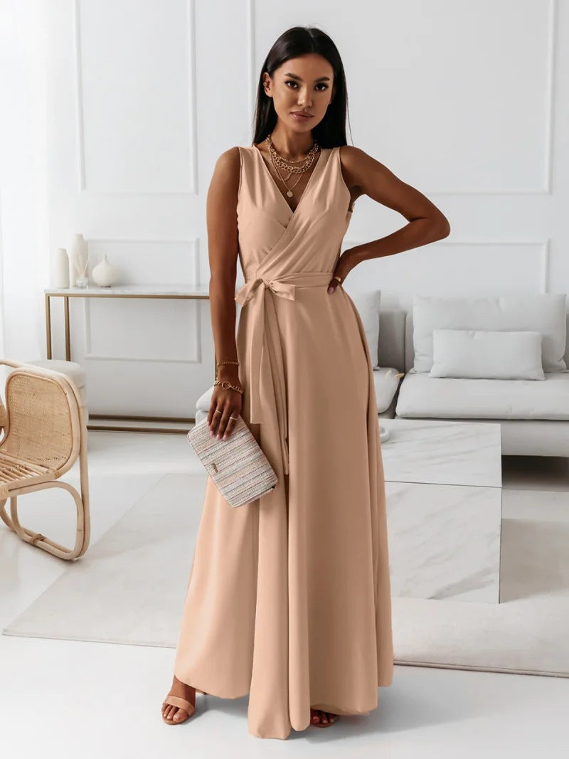 Elegant Wrap Autumn Wedding Guest Dress for Women with V Neck Sleeveless Belted Flowing Style