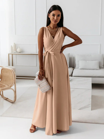 Elegant Wrap Autumn Wedding Guest Dress for Women with V Neck Sleeveless Belted Flowing Style