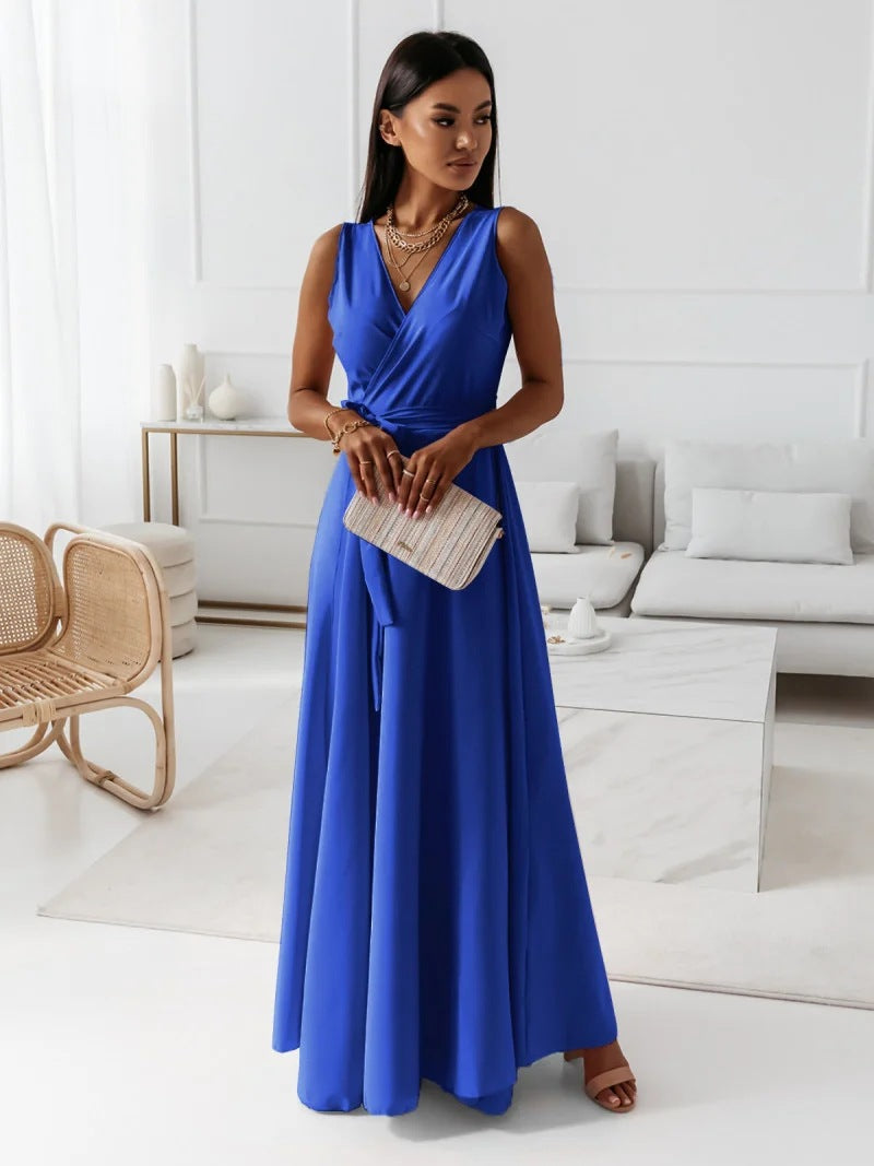 Elegant Wrap Autumn Wedding Guest Dress for Women with V Neck Sleeveless Belted Flowing Style
