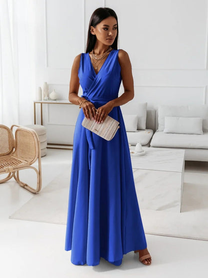 Elegant Wrap Autumn Wedding Guest Dress for Women with V Neck Sleeveless Belted Flowing Style