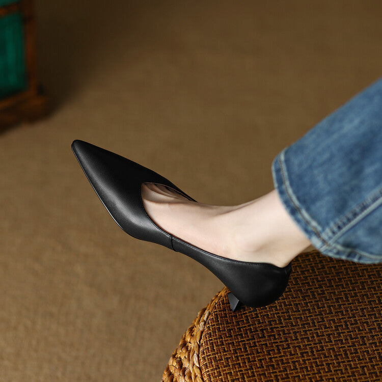 Elegant Leather Pointed Toe Kitten Heel Pump for Women with V Cut Vamp Slip On Spool Heel Style