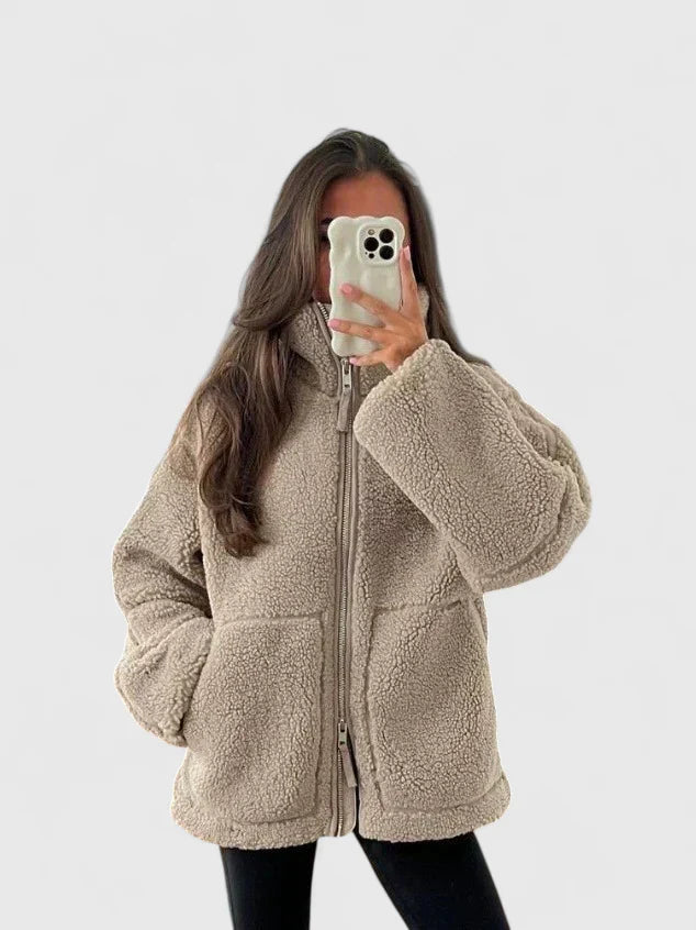 Comfortable Beige Sherpa Jacket for Women with High Neck Long Sleeve Oversized Relaxed Style