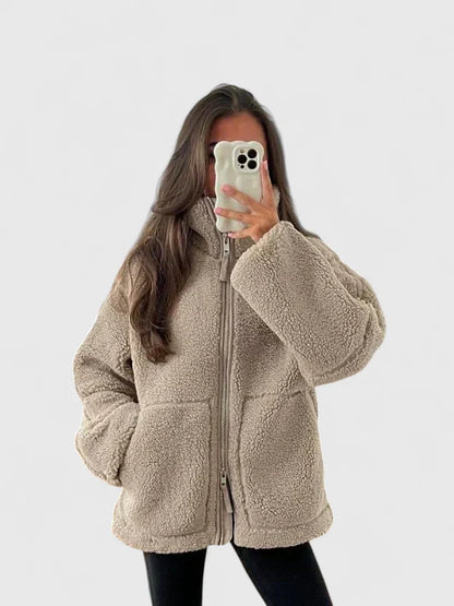 Comfortable Beige Sherpa Jacket for Women with High Neck Long Sleeve Oversized Relaxed Style