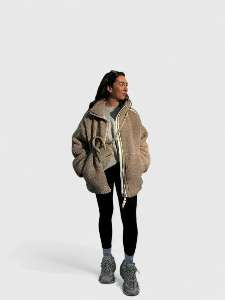 Comfortable Beige Sherpa Jacket for Women with High Neck Long Sleeve Oversized Relaxed Style