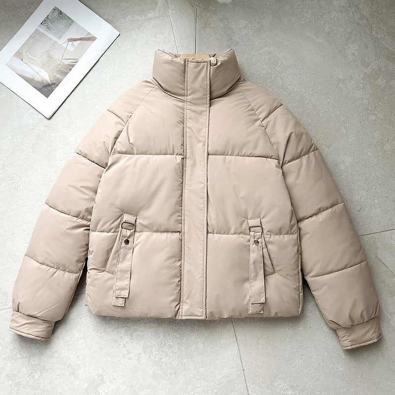 Women's Quilted Stand Collar Buckle Pocket Puffer Jacket