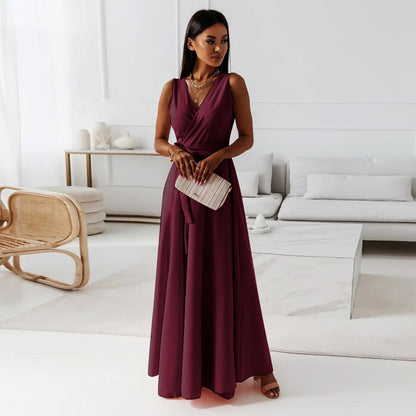 Elegant Wrap Autumn Wedding Guest Dress for Women with V Neck Sleeveless Belted Flowing Style