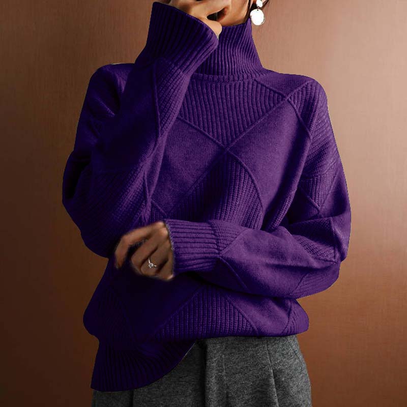 Comfortable Diamond Knit Sweater for Women with Turtleneck Long Sleeve Relaxed Oversized Style