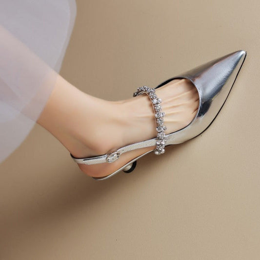 Elegant Rhinestone Slingback Heel for Women with Pointed Toe Ankle Strap Sculptural Heel Style