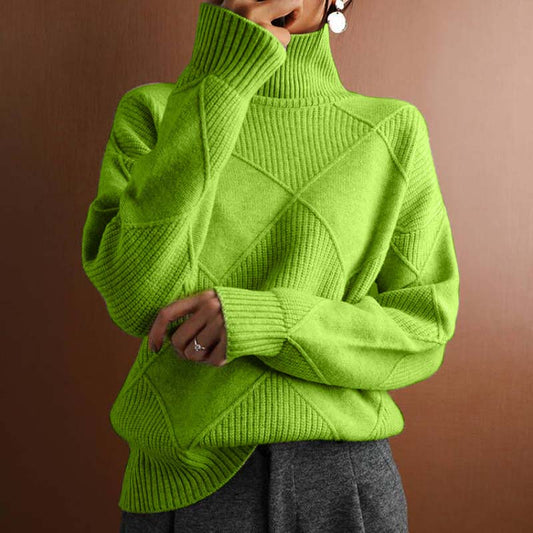 Comfortable Diamond Knit Sweater for Women with Turtleneck Long Sleeve Relaxed Oversized Style
