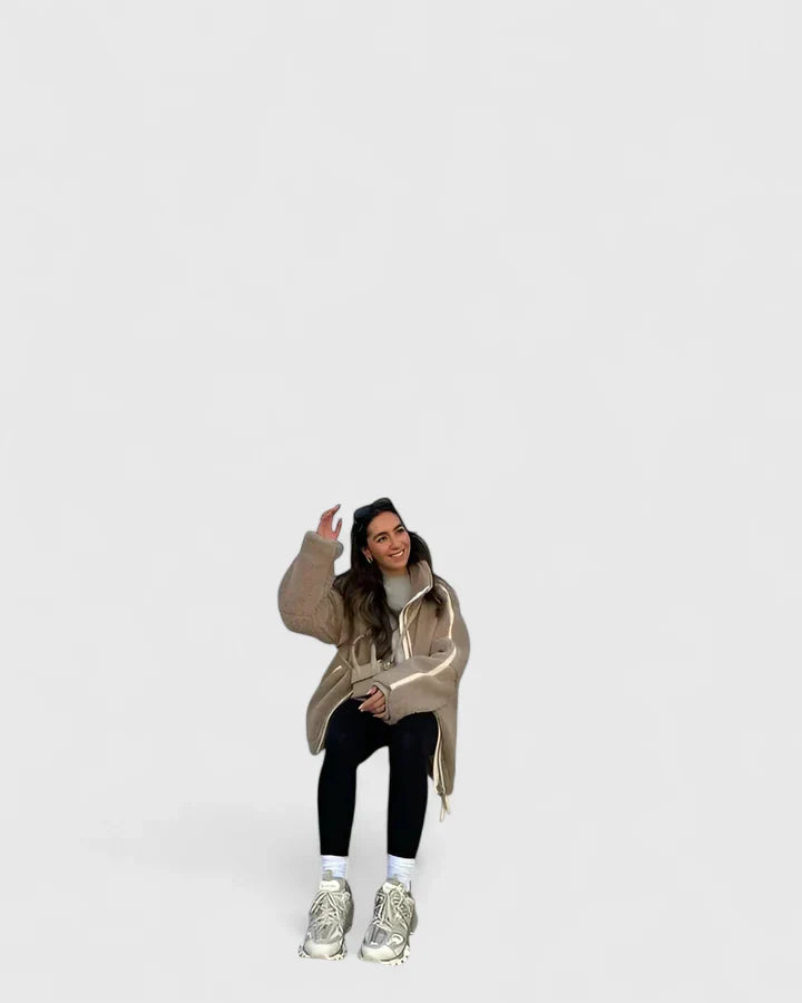 Comfortable Beige Sherpa Jacket for Women with High Neck Long Sleeve Oversized Relaxed Style