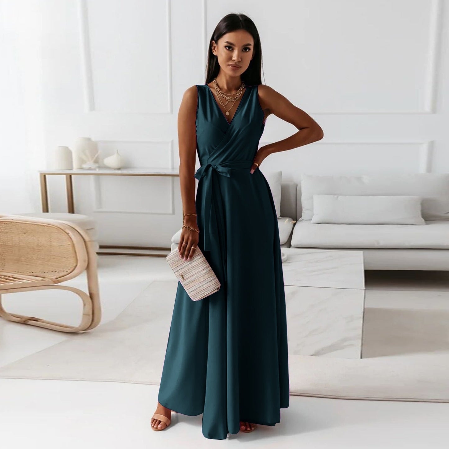Elegant Wrap Autumn Wedding Guest Dress for Women with V Neck Sleeveless Belted Flowing Style